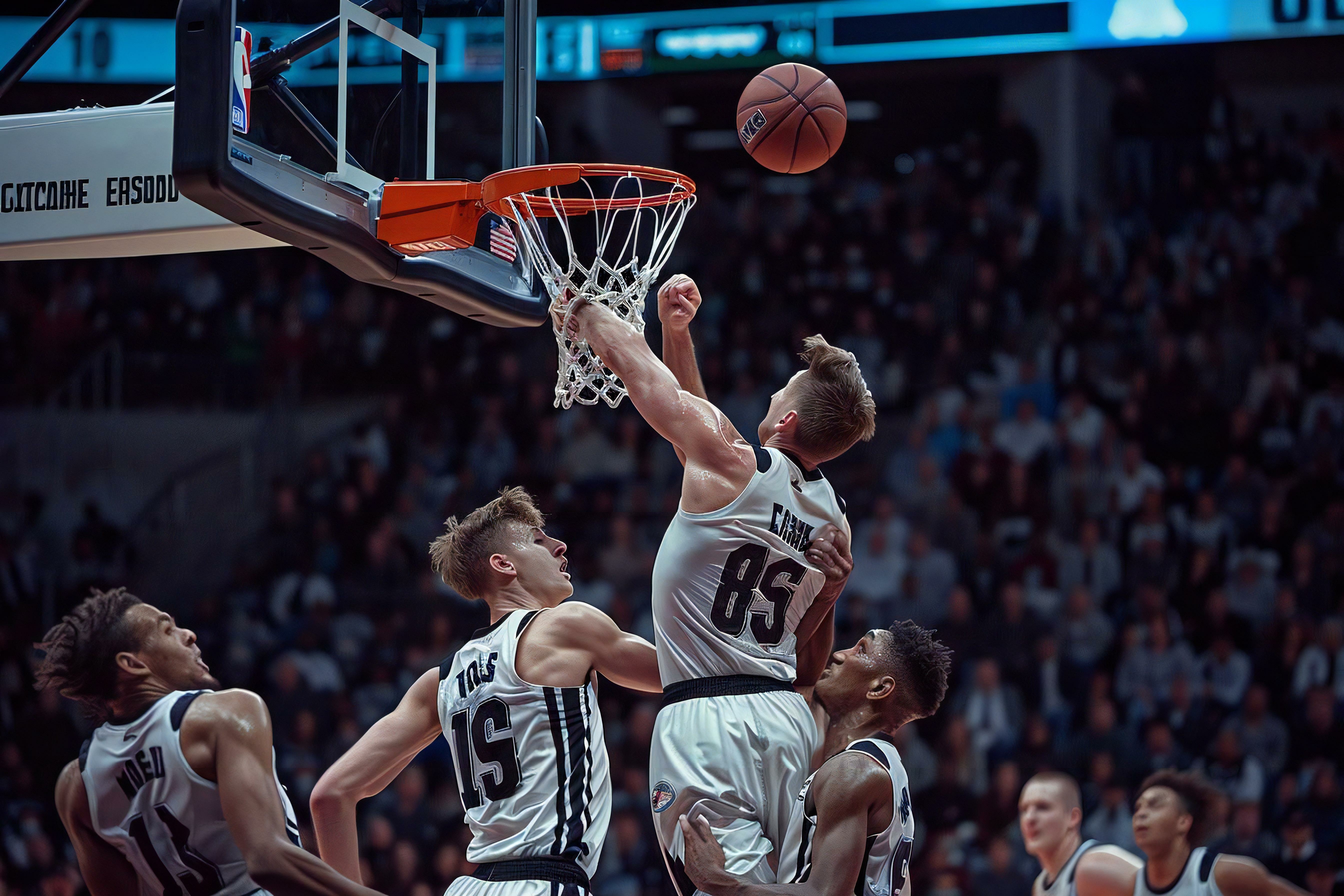 professional basketball player making a slam dunk on the court during a college game.