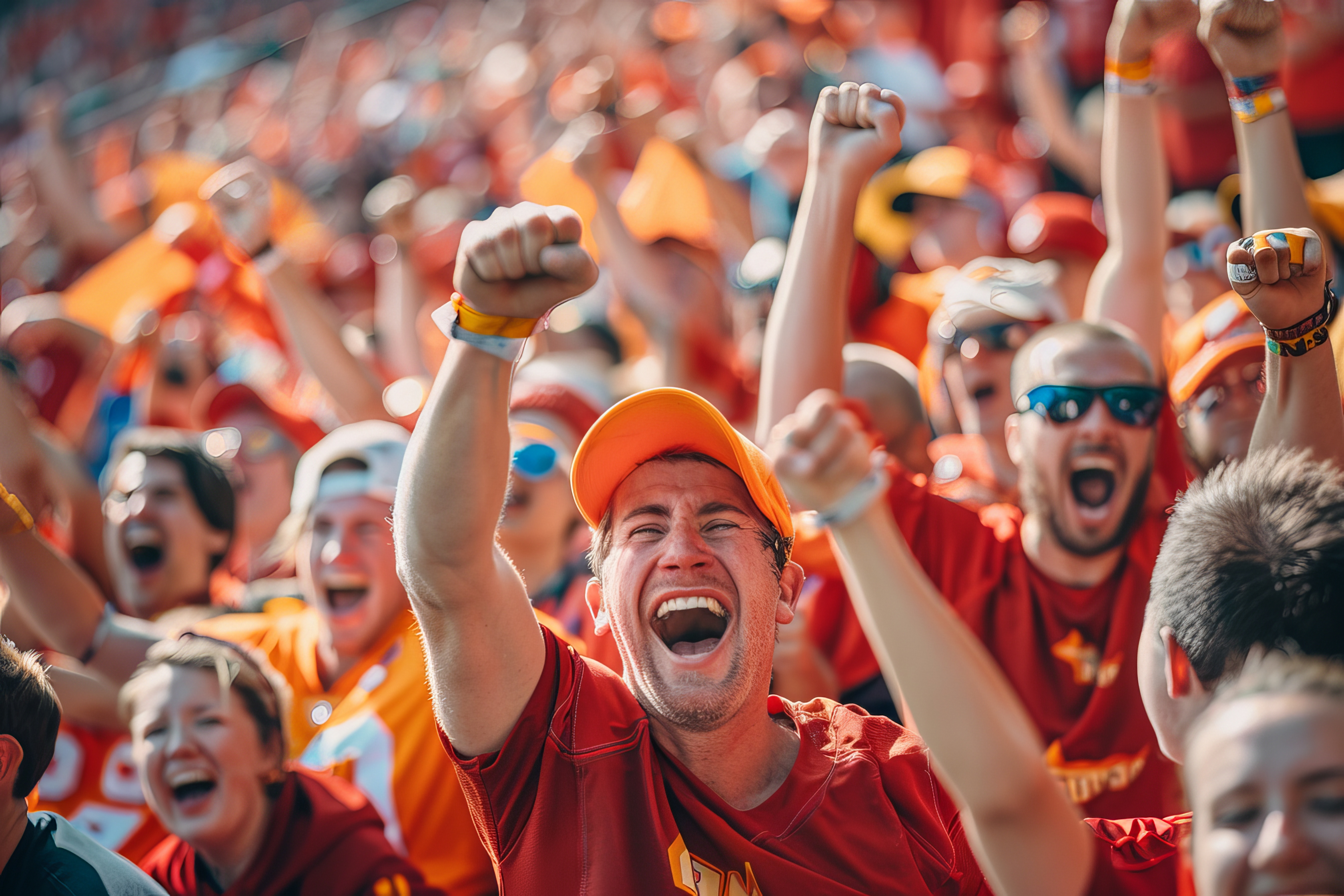 A crowd of fans wearing red and orange cheers loudly at a sporting event. The man in the center of the image is ecstatic, with his arms raised in the air and his mouth wide open in a joyous shout.